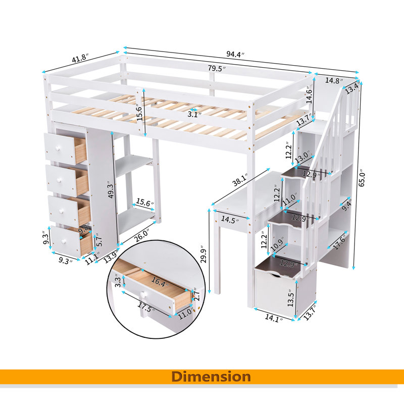 Lit mezzanine simple avec tiroirs de rangement, bureau et escalier, lit mezzanine en bois avec tablettes, Blanc