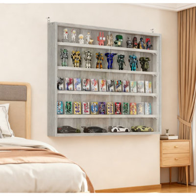 Gray Wall-Mounted Display Case Perfect For Model Cars, Clear Door For Stylish Collectible Showcase