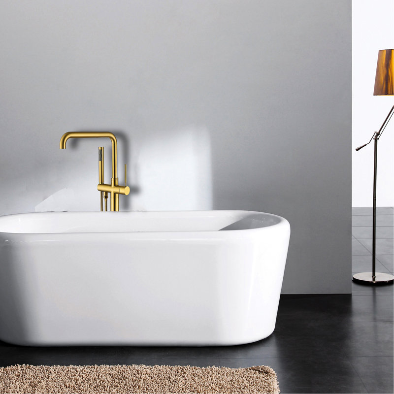 Robinet de baignoire autoportant en or brossé avec douche à main