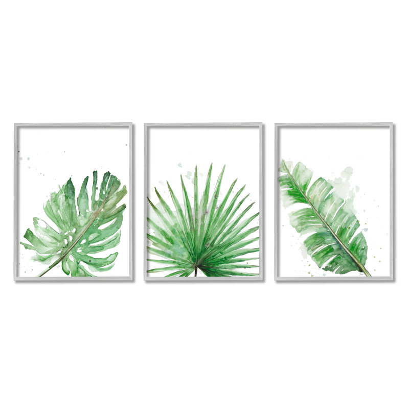 Green Tropical Palm Leaves Canvas Art Set with Gray Frames