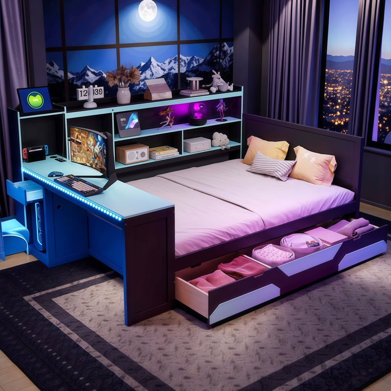 Queen Gaming Daybed with Built-in Desk, LED Lights, Charging Station & 3 Storage Drawers - Multi-Functional Design