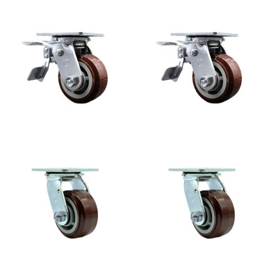4 Inch Polyurethane Caster Set with Roller Bearings 2 Brakes 2 Swivel Locks SCC