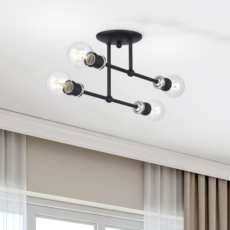 4 Light Black Large Semi-Flush With Brushed Nickel Accents