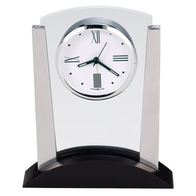 Denham Modern & Contemporary Tabletop Clock, Arched Glass Panel with Polished Silver Columns, Luminous Hands, Quartz Alarm Movement