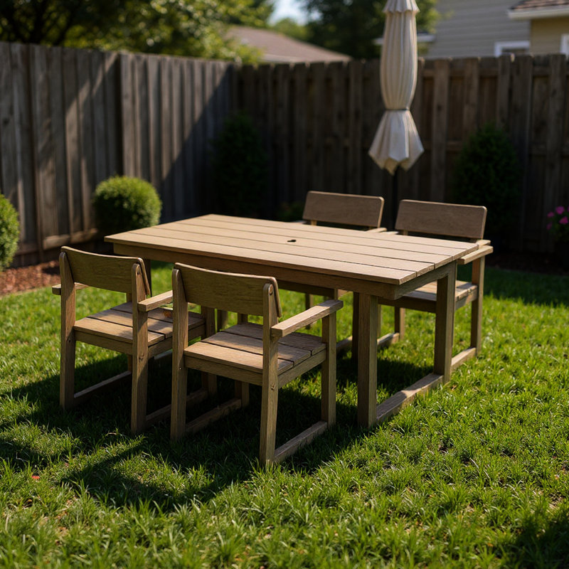 Table repas pour 5 personnes pour 4 personnes, table météo avec trou pour parasol et 4 chaises avec accoudoirs, idéale pour recevoir des meubles de jardin