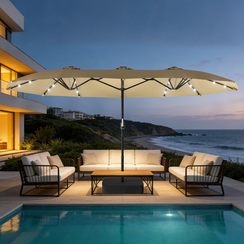 Parasol de patio rectangulaire de 15 pi avec base et lumières solaires, parasol extérieur décalé avec rotation à 360 °, système à manivelle, auvent Upf 50+ pour cour, piscine, terrasse