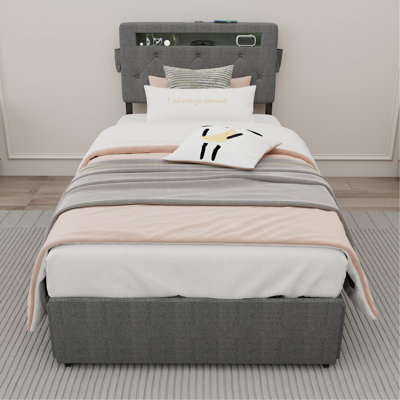 Cadre de lit simple avec station de charge USB et lumières DEL, cadre de lit simple avec tête de lit et 4 tiroirs de rangement