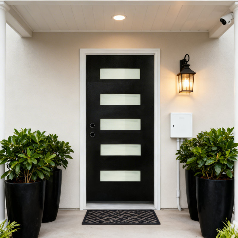 Porte d'entrée modulaire noire en fibre de verre 36 po x 80 po, de style moderne, convenant aux portes avant résidentielles, à charnière gauche, à ouverture vers l'intérieur, avec cadre de porte en vinyle blanc
