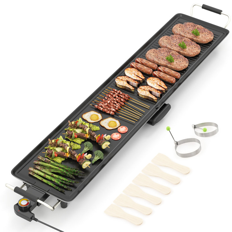 Très grand gril électrique portatif Teppanyaki de 39,5 po avec 2 surfaces de cuisson et 4 niveaux de contrôle du thermostat