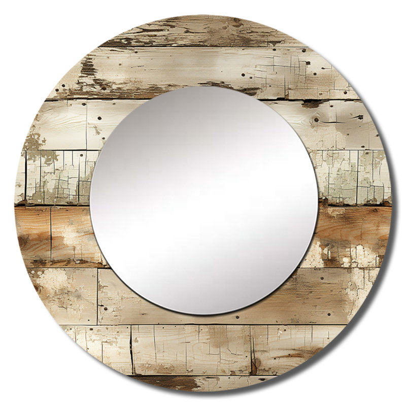 Rustic Farmhouse Weathered Planks - vintage  Wall Mirror, Vintage Round Decorative Mirror, Printed Metal Art, 23" x 23"