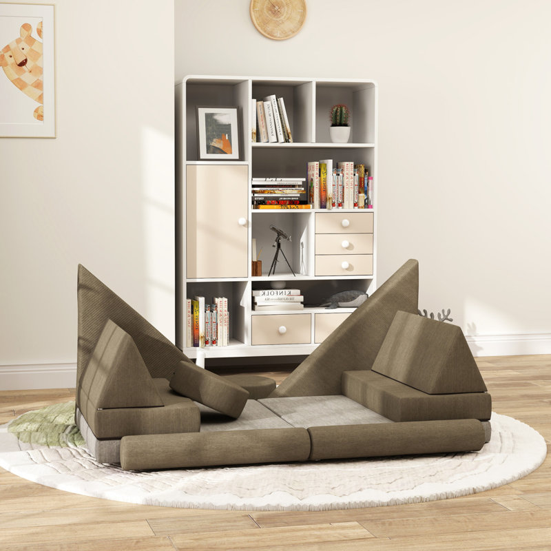 Qaba Modular Kids Play Couch, 12 Piece Kids Couch Playroom , Convertible Sofa Lounger, Khaki