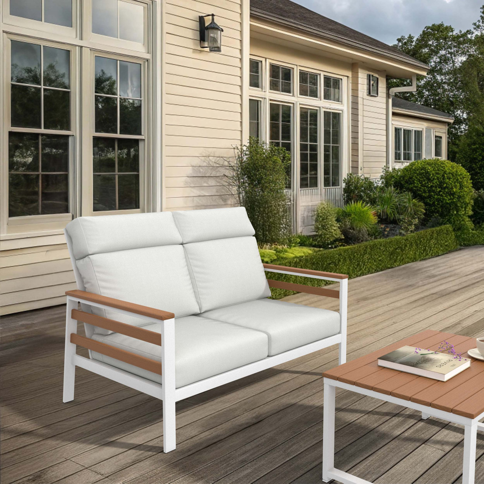 Townsend Metal Outdoor Loveseat With Sunbrella Cushion, Canvas White