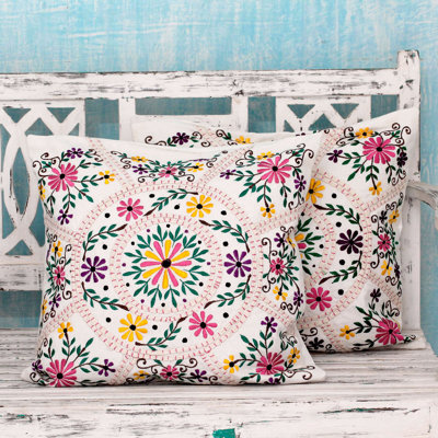 Floral Carousel Bright Flower Embroidery Cotton Pillow Cover