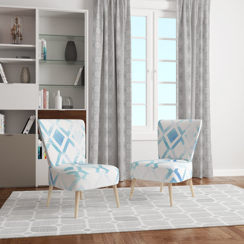Chaise d'appoint rembourrée à motif géométrique blanc et bleu