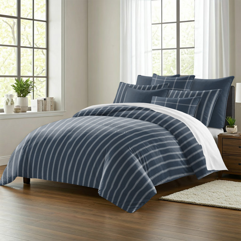 Shay Broad Ticking Stripe Dark Denim Cotton Comforter Set  8 Piece, Super King Comforter + 7 Additional Pieces