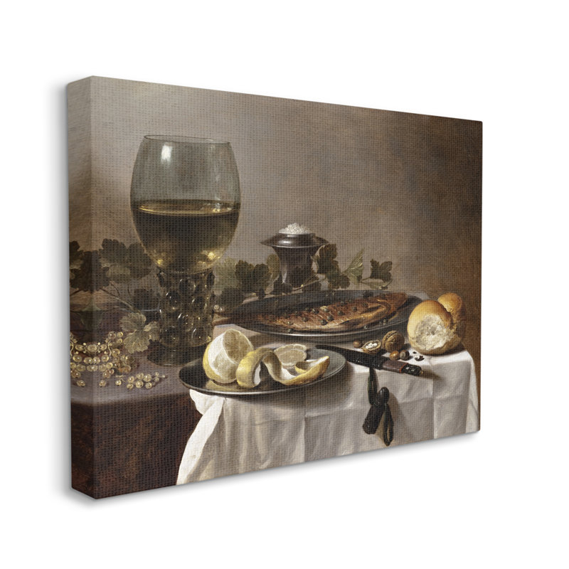 Nature morte au vin de hareng et au pain, peinture de Peter Claesz - Peinture sur toile, Toile tendue
