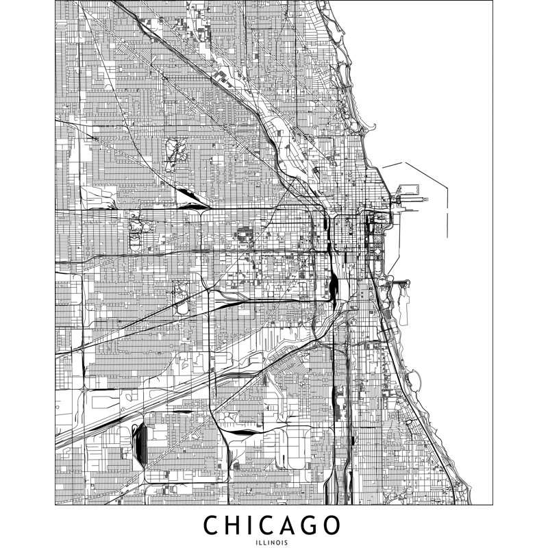 Carte de Chicago, Blanc, H 32 po x l 24 po, Papier avec cadre simple noir
