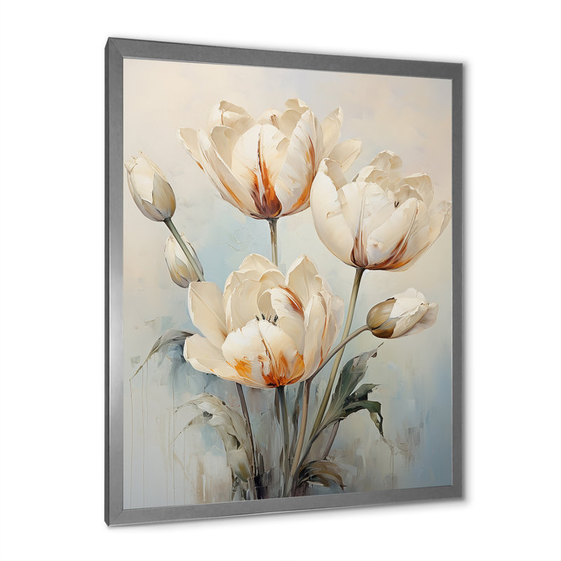 Minimalisme, symphonie de tulipes beiges sur toile, H 32 po x l 24 po x P 1 po, Cadre simple argenté