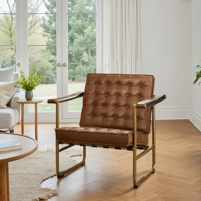 Nydia 32.28'' W32.28'' W Button Tufted Top-Grain Leather Upholstered Accent Armchair, Distressed Brown Genuine Leather