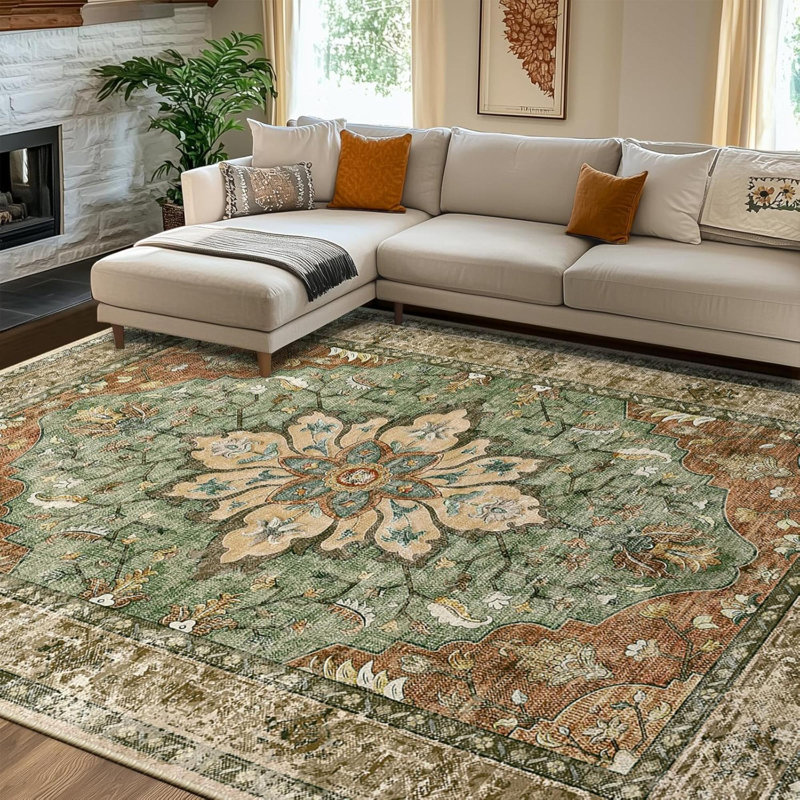 Area Rugs Washable Non-Slip Floral Vintage Distress Print Pattern Medallion Carpet For Living Room Bedroom Dining Room Brick Rust Neutral Burnt