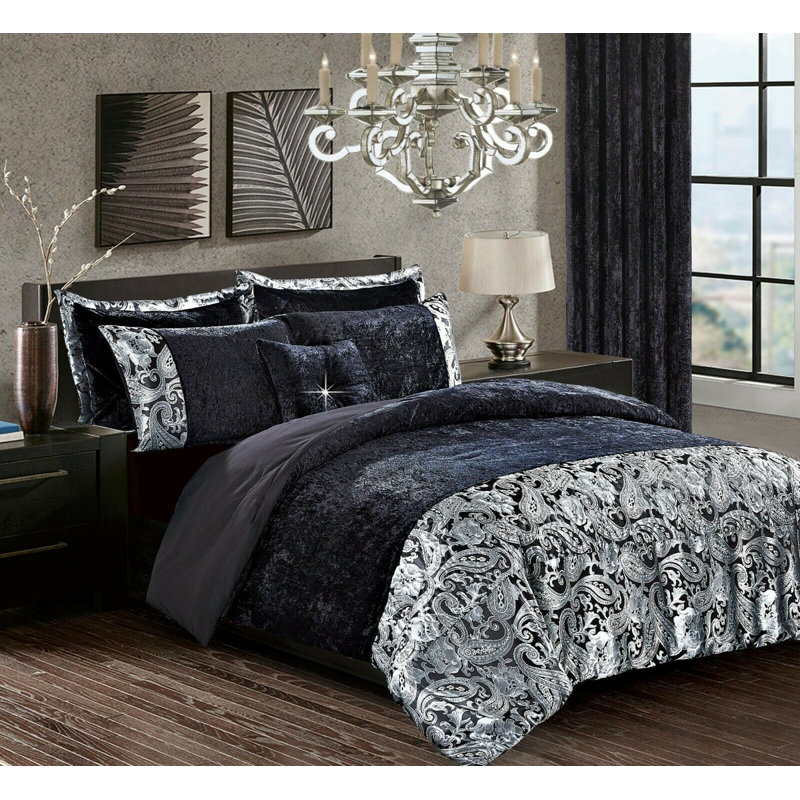 Santiago 3 Piece Crushed Velvet Duvet Cover Set Ultra Soft Luxurious and Easy Care Bedding, Black