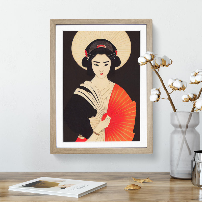 Sculptured Geisha 1 Piece Single Picture Frame Painting, 46cm H x 34cm W x 2cm D, Oak