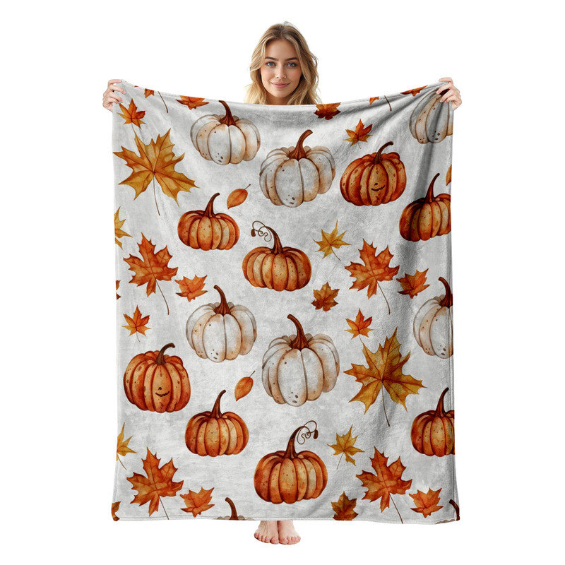 Jeté en flanelle JYK, Watercolor Pumpkins Leaves