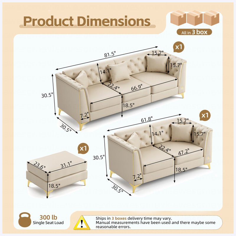 Canapé Chesterfield modulaire avec coussins capitonnés en similicuir beige pour le salon, appartement, Beige White