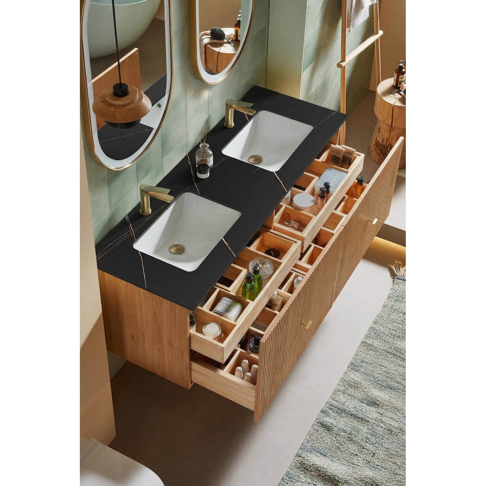 Jamell 60'' Double Bathroom Vanity, Black, Natural Oak