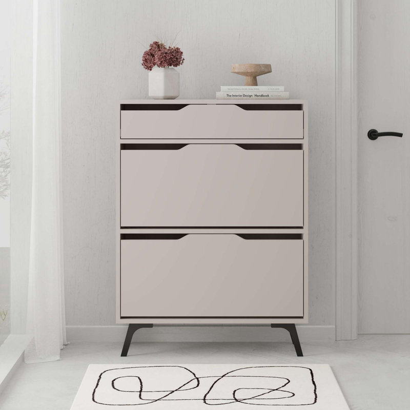 Modern Shoe Cabinet with Numerous Shelves, Light Mocha, 32.2 x 43.3 x 11.6 inches | 100% Melamine Coated Particle Board, Thickness: 0.7 inches | Wall-Mountable Design for Stylish Storage in Entryways & Closets