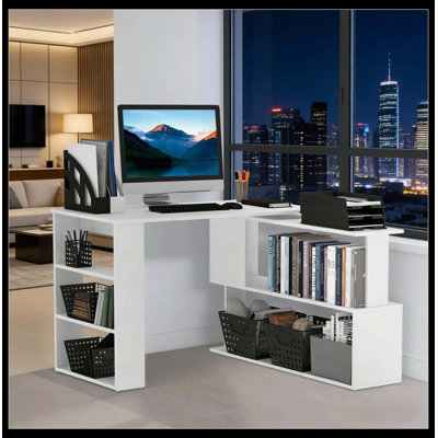 Poste d'écriture, bureau d'ordinateur en coin en L, bureau à domicile rotatif à 360 °