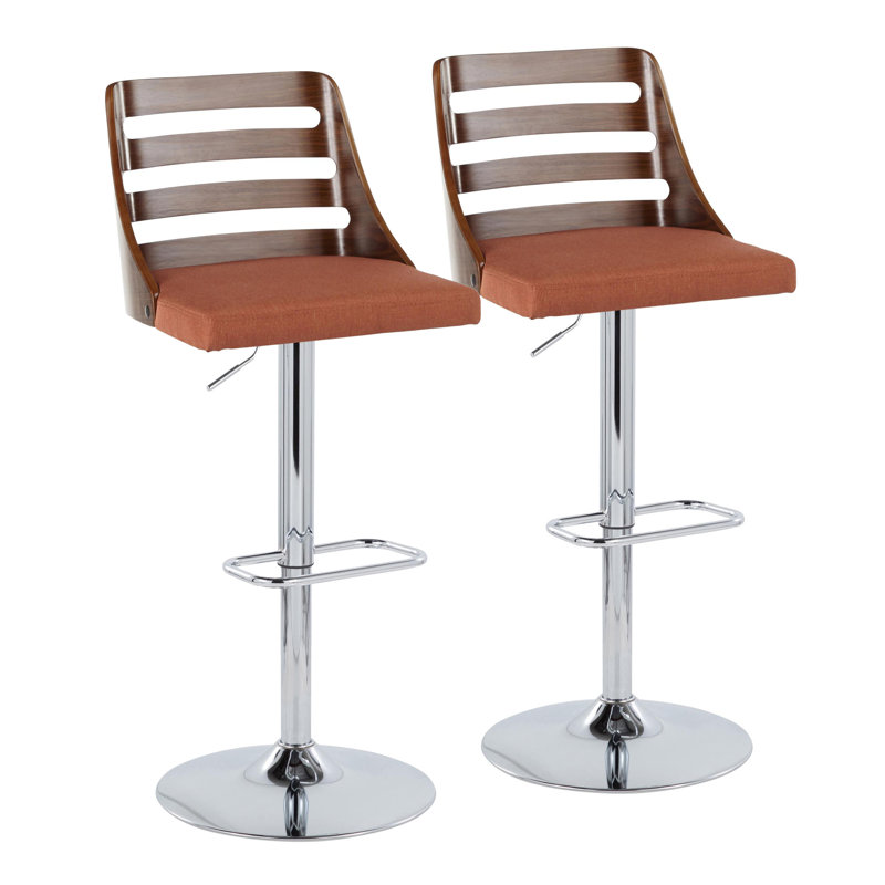 Adjustable Orange Upholstered Swivel Barstool with Wood Backrest
