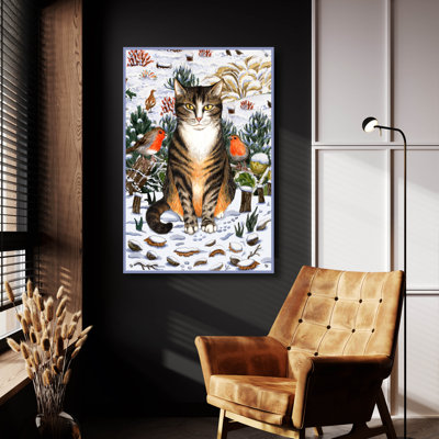 Art mural en verre épique 24 po x 36 po «Winter Tabby Cat With Blue Border» par Gale Pitt