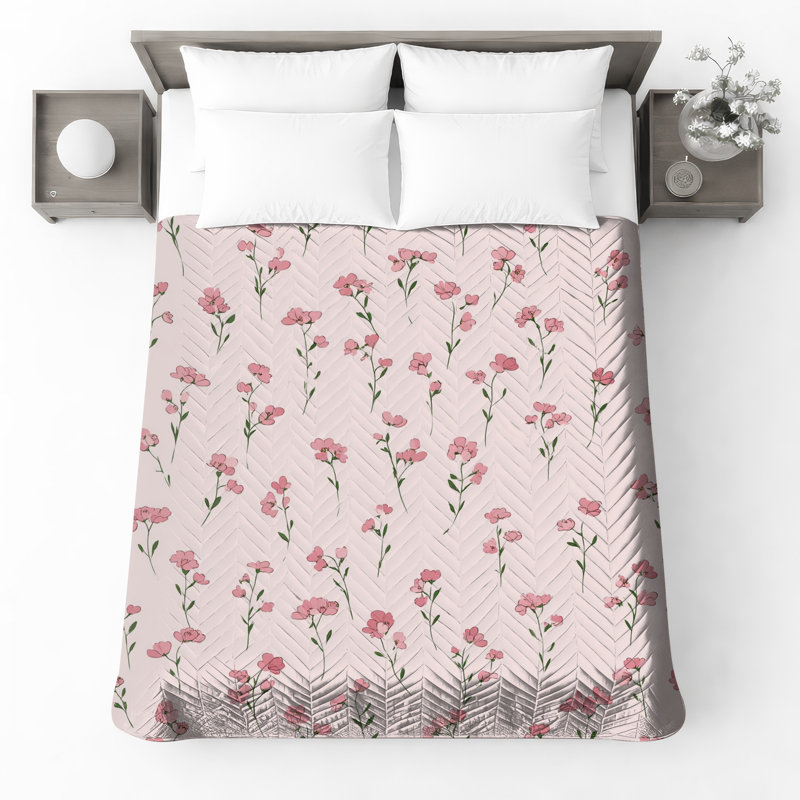 Pink Floral Pattern Quilted Bedspread All Sizes, Full / Double