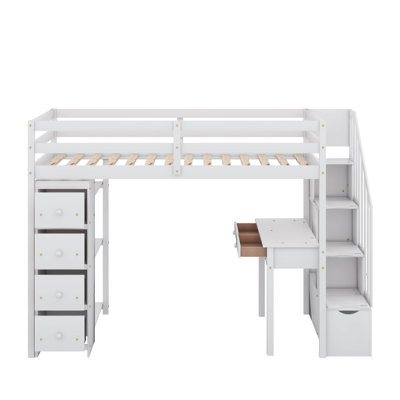 Lit mezzanine simple en bois avec tiroirs de rangement, bureau, tablettes et escaliers