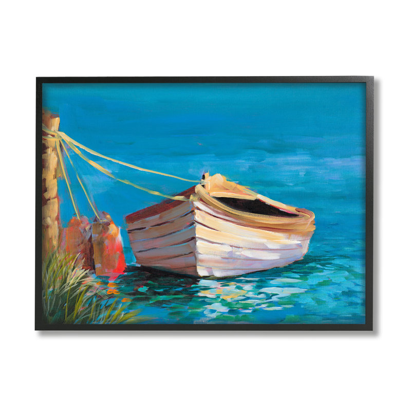 «Docked Boat In Lake» encadré sur bois par Jane Slivka, peinture, H 24 po x l 30 po x P 1,5 po, Giclée encadrée noir minuit