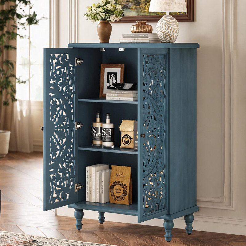 Armoire de rangement Farmhouse, armoire décorative 2 portes avec portes sculptées creuses, tablette réglable, Bleu antique