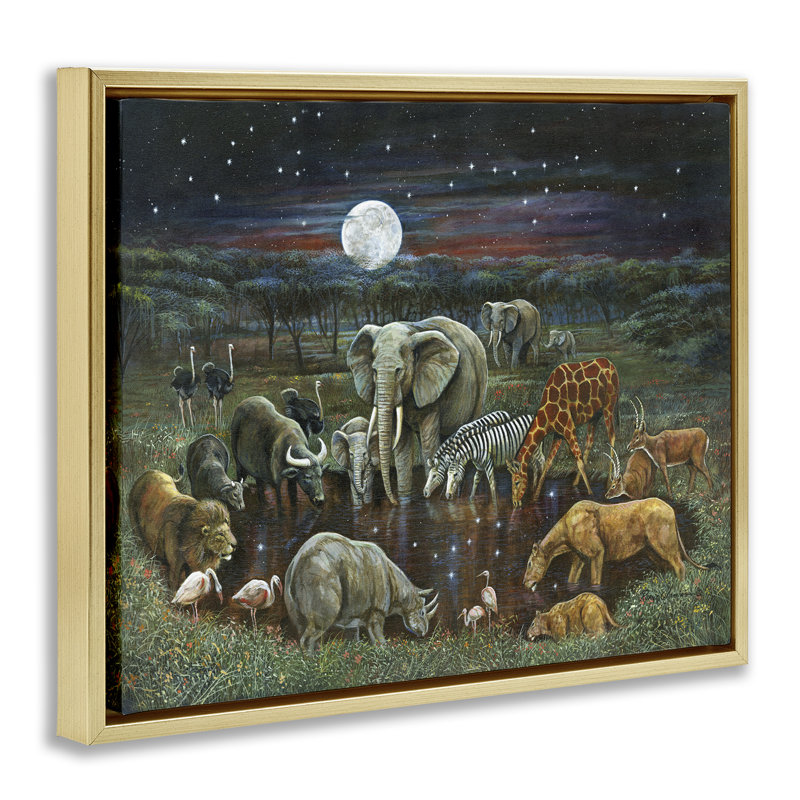 Paires d'animaux au point d'eau, H 25 po x l 31 po, Cadre flottant gris lustré