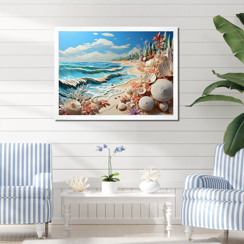 «Breda Coastal Beachside Tranquility Papercut», reproduction sur toile, H 16 po x l 32 po x P 1 po, Cadre simple blanc