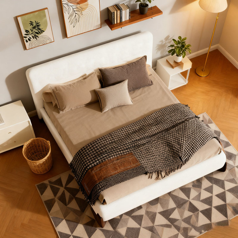 Lit tapissier avec pieds en bois massif brun foncé, Grand