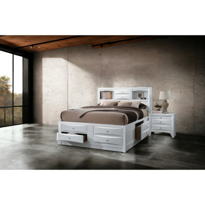 Queen Size White Bed With Bookcase Headboard Storage, 8 Drawers In Different Parts, Undermount Metal Glide Drawers, 5 Slats Platform Boards