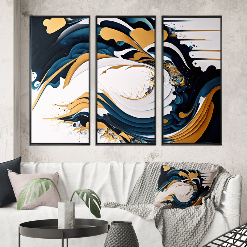 Bleu et or, art moderne abstrait, peinture V - ensemble d'art mural moderne sur toile, Cadre noir, H 28 po x l 36 po x P 1 po