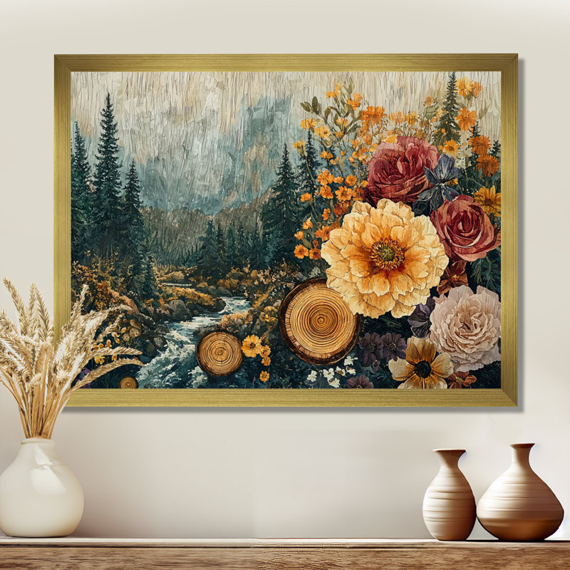 Fleurs d'automne d'automne sur une glissade en bois - Bouquets assortis, Cadre simple, H 12 po x l 20 po, Doré