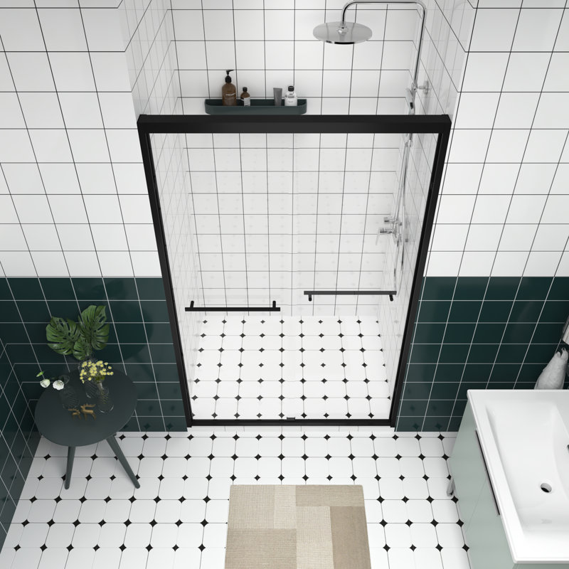 76" High Double Sliding Shower Door With Handle For Towel Hanging, Black Aluminum Frame, Easy Installation Steps Guide
