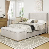 Luxurious King Size Corduroy Upholstered Bed Frame In Light Grey With 130l Storage Ottoman, Vertical Stripe Wingback Headboard, And Elevated Footboard