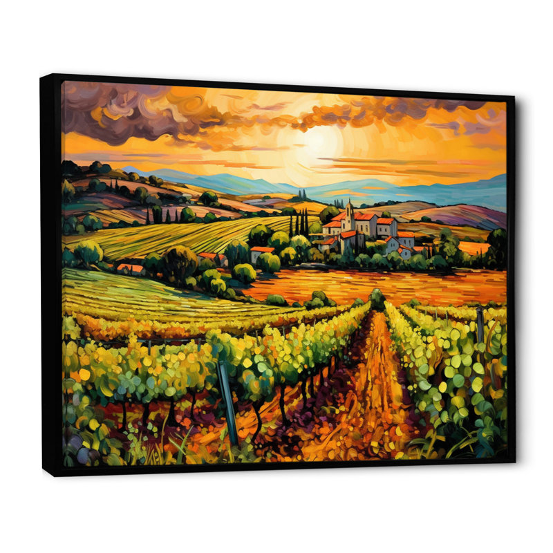 Vangogh Sunlit Vineyards I - Vineyard wall art inspired by Vincent Van Gogh Painting Print, 12" H x 20" W, Black