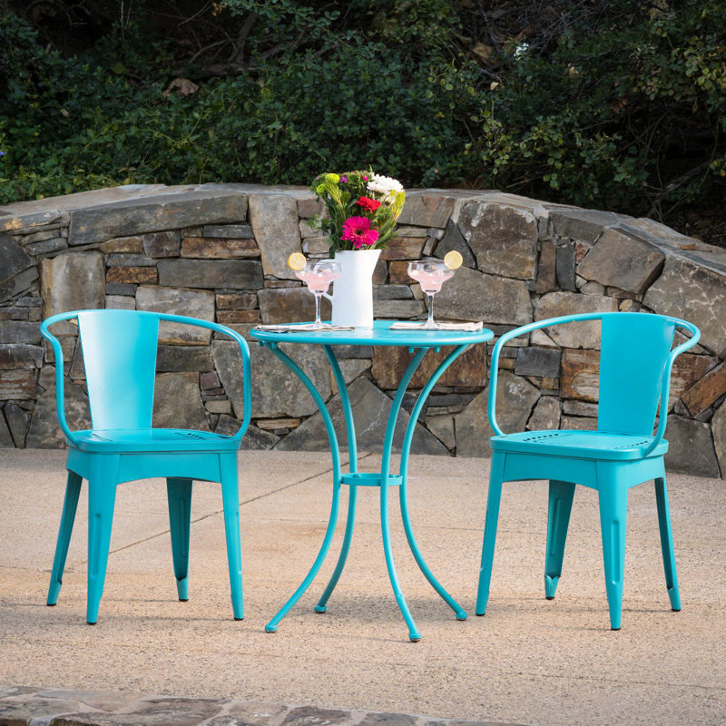 Ensemble de jardin 3 pièces en métal thermolaqué turquoise - Table et chaises en fer thermolaqué pour vos loisirs à l'extérieur dans votre jardin