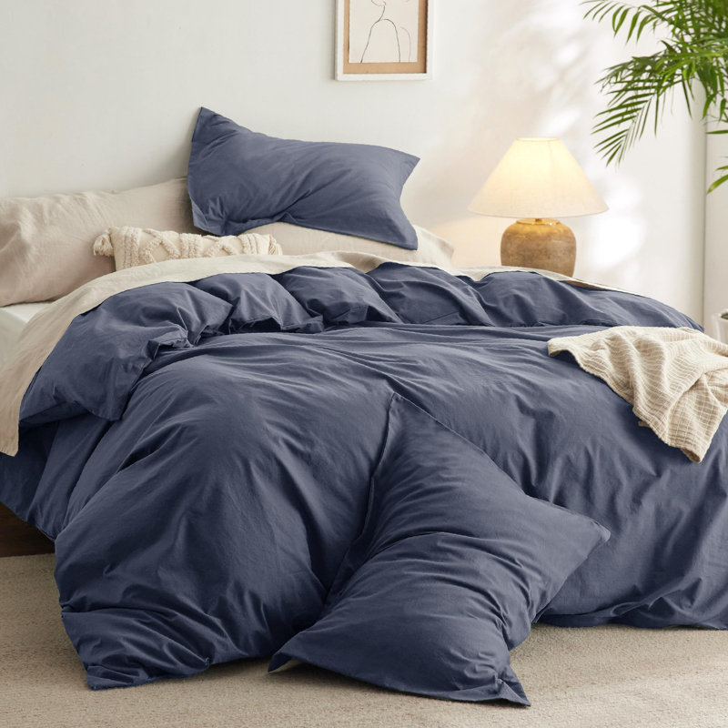 Ensemble d'édredon pré-lavé avec housse 100% coton, 143TC, Édredon grande + 2 pièces supplémentaires, Bleu denim
