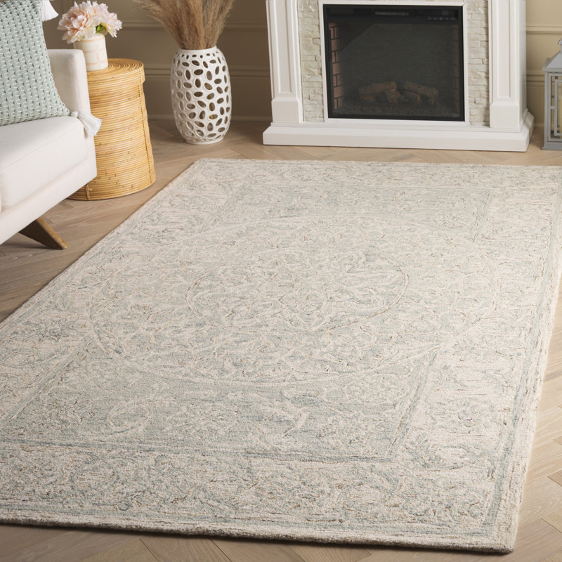 Lounette Hand Tufted Wool Cotton Floral Rug in Light Blue/Beige, Rectangle 5' x 8'