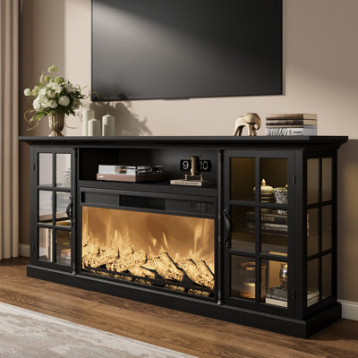 Fireplace TV Stand for 80" TV, 70" Farmhouse Entertainment Center with 30" Electric Fireplace & LED Lights, Modern Media Console with Glass Door Cabinet & Adjustable Shelves for Living Room